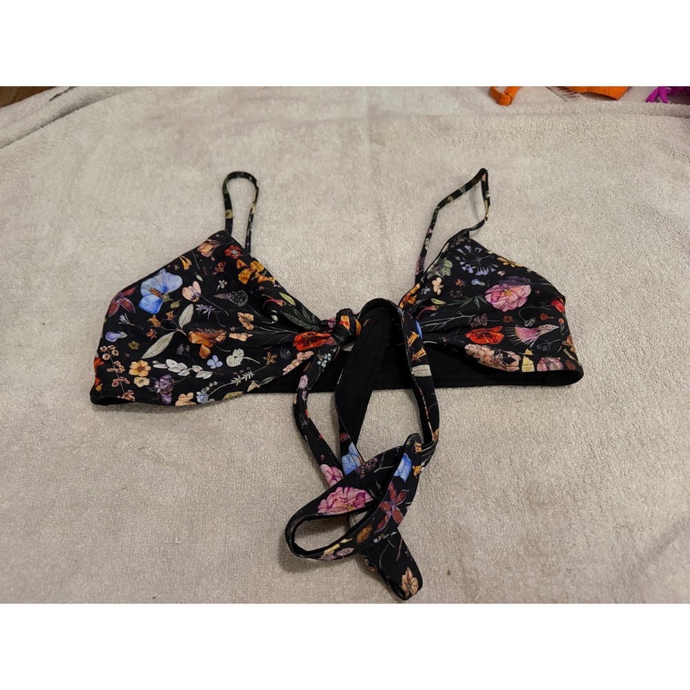 L Space Floral Bikini Top Black Multi Front Tie Triangle Swim Large NWOT